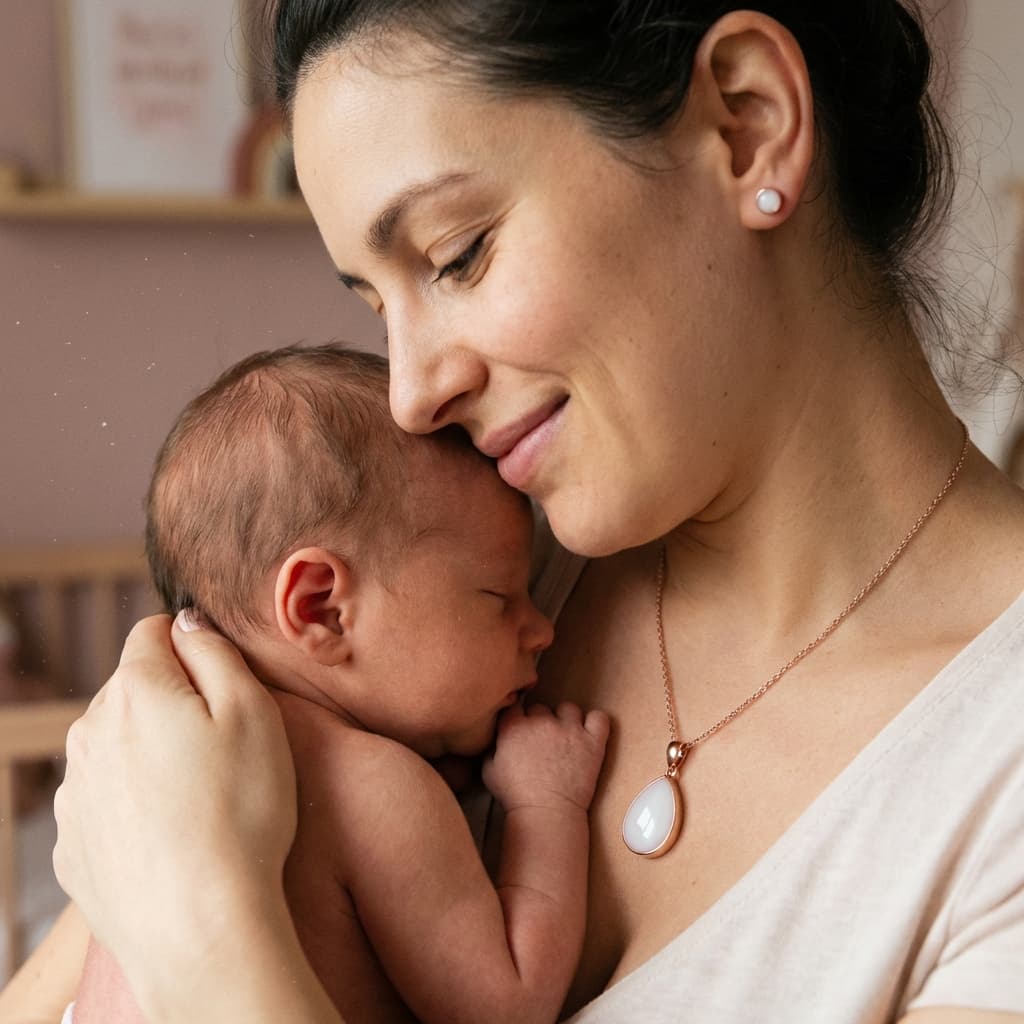 Mother cuddling a sleeping newborn while wearing a teardrop pendant, illustrating why diy breastmilk jewellery made at home with the DIY by MILKIES kit is a meaningful keepsake for new mums.