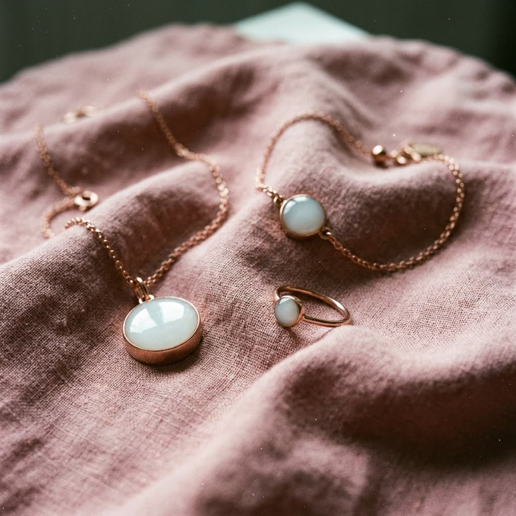 Rose-gold necklace and ring with milky white resin stones on soft blush fabric, showcasing elegant diy breastmilk jewelry keepsake designs.