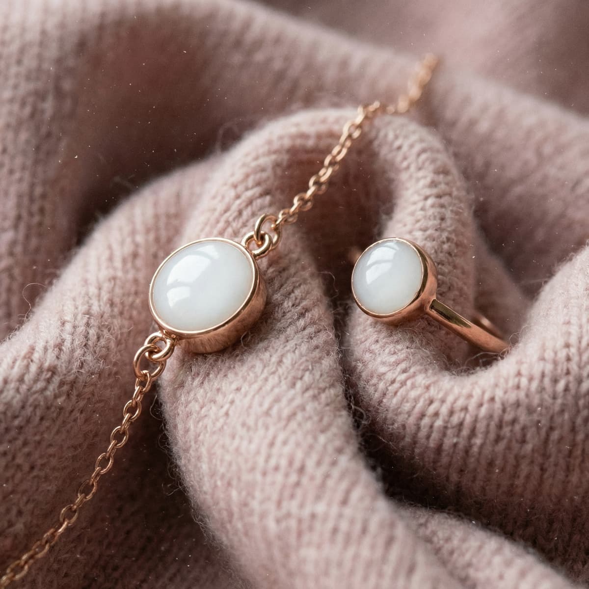 Rose-gold necklace pendant and matching ring with milky white resin stones on beige knit fabric, showcasing diy breastmilk jewelry keepsake pieces in elegant settings.