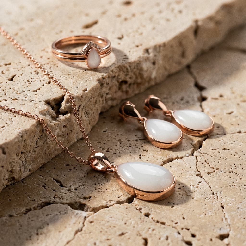Rose gold jewelry set featuring milky white resin stones—pendant necklace, drop earrings, and ring—styled on natural stone as diy breastmilk jewelry keepsake pieces