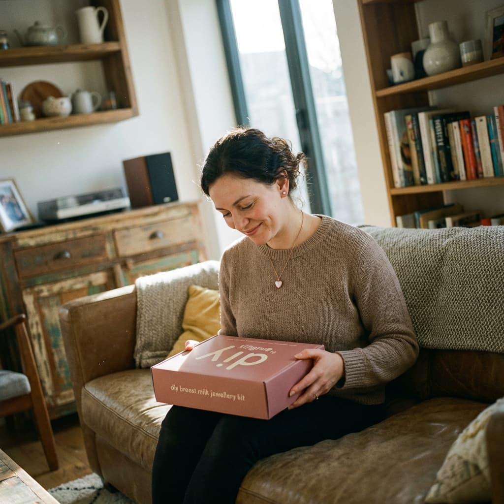 Smiling mom on a sofa holding a DIY by MILKIES kit box, showing why diy breastmilk jewelry is a convenient at-home way to create a personal keepsake.