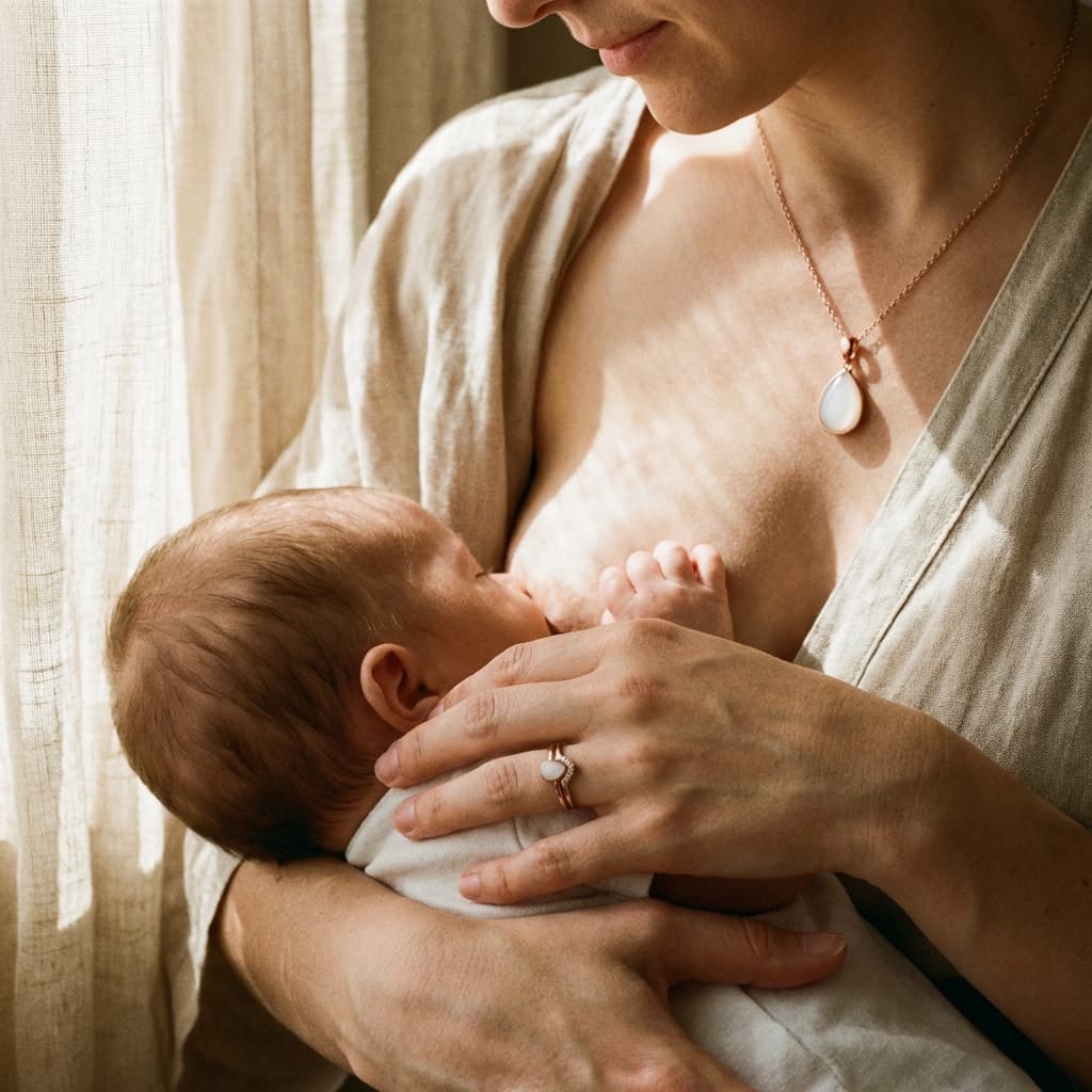 Mother breastfeeding her baby in soft natural light, wearing a teardrop pendant and ring made using a diy breastmilk jewelry kit keepsake.