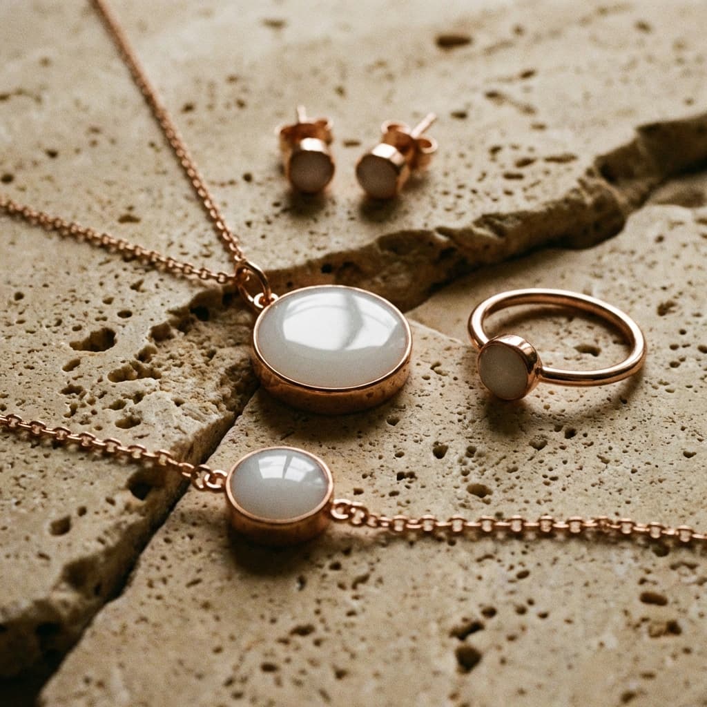 Rose gold keepsake jewelry set made with a diy breastmilk jewelry kit, featuring a milky-white resin pendant necklace, matching stud earrings, ring, and bracelet on a textured stone background.