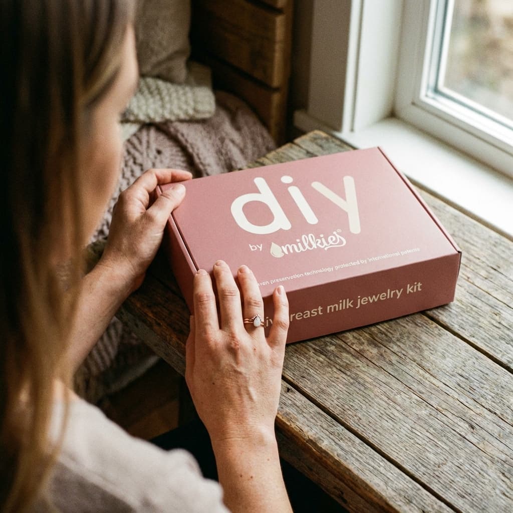 Mom holding a DIY by MILKIES box on a wooden table, showing why a diy breastmilk jewelry kit is a convenient at-home option for creating a personal keepsake.