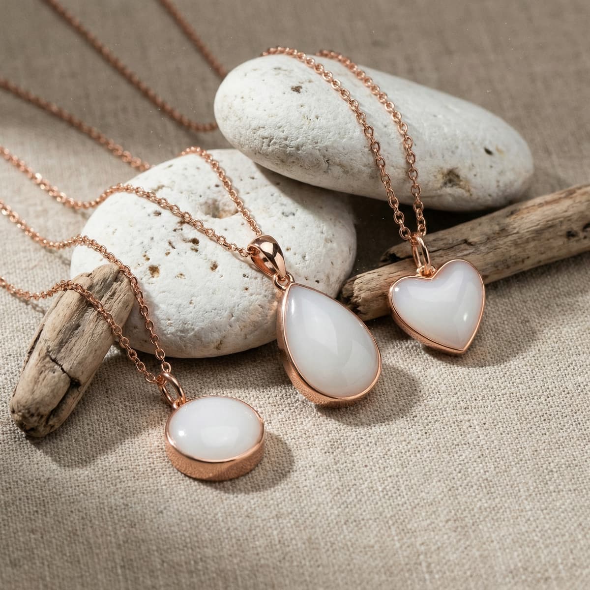 Rose gold keepsake jewelry set with smooth white resin pendants in heart, teardrop, and round shapes on natural stones and driftwood, showcasing a diy breastmilk necklace kit style design.