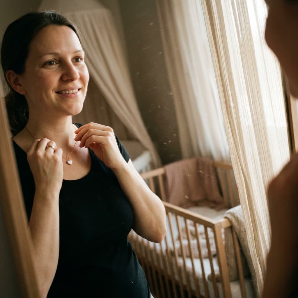 Smiling mom in a softly lit nursery adjusts a heart pendant diy breastmilk necklace beside a wooden crib