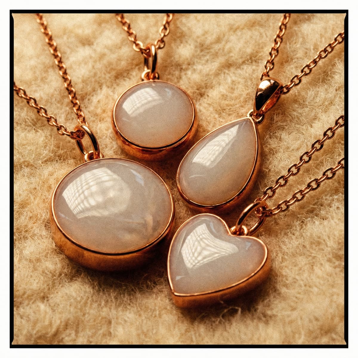 Close-up of four rose-gold pendants with milky white resin stones—round, oval, teardrop, and heart—showcasing keepsake jewelry made with a diy breastmilk necklace kit on a soft beige fabric background.