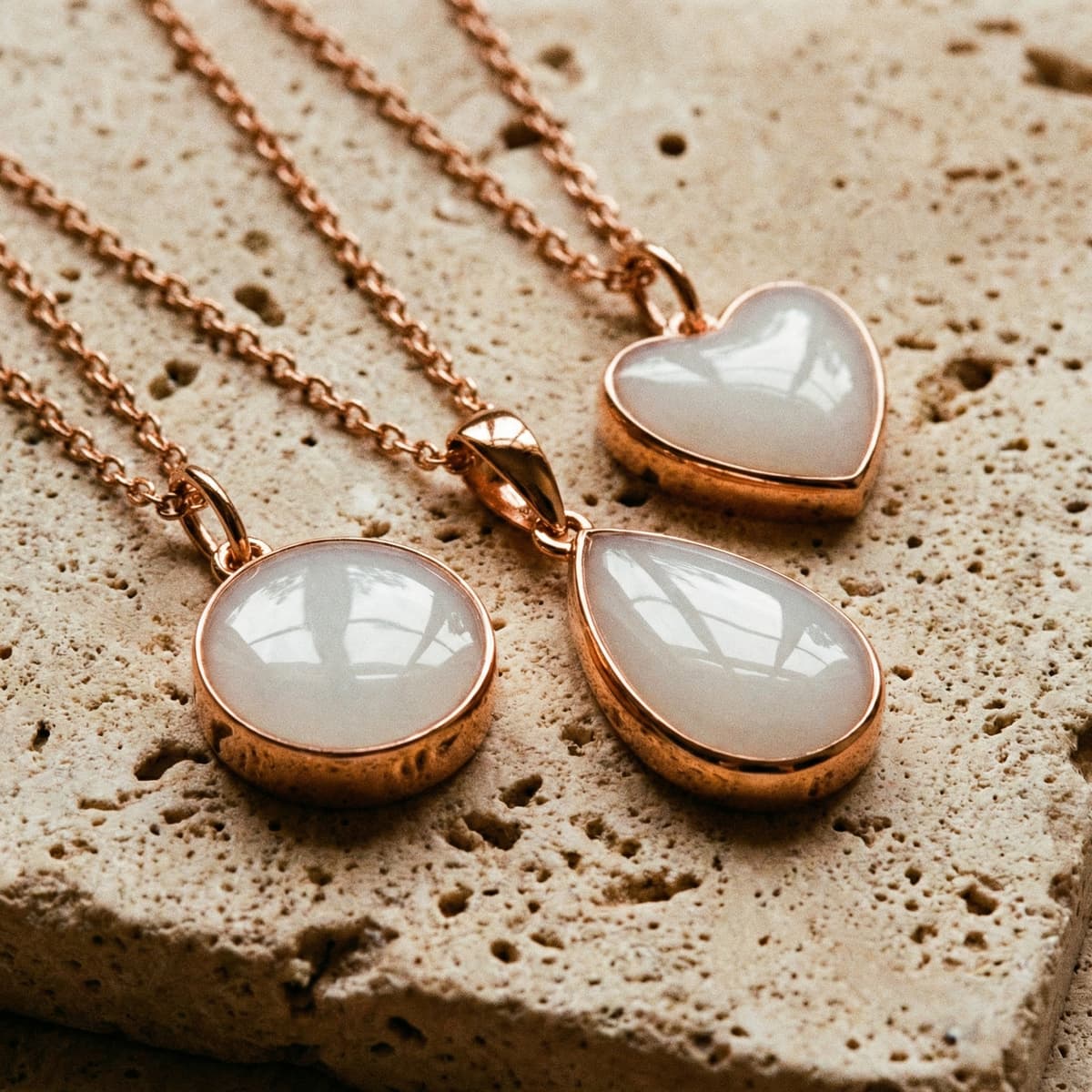 Rose gold pendants with milky white resin stones in heart, teardrop, and round shapes, showcasing diy breastmilk necklaces on a textured stone background