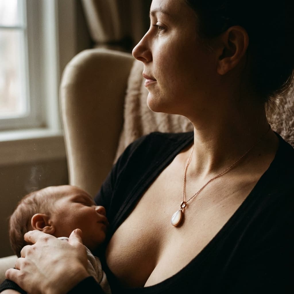 Mother breastfeeding her newborn by a window while wearing a teardrop pendant, highlighting diy breastmilk necklaces and keepsake jewelry made from preserved breastmilk.