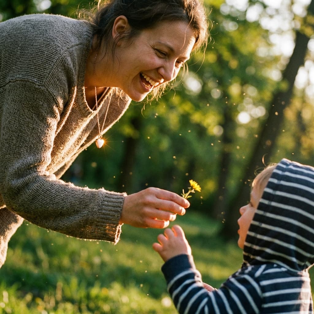 Mother smiling outdoors wearing a heart pendant and offering a small yellow flower to her toddler, capturing the sentimental feel of diy breastmilk necklaces and handmade keepsake jewelry.