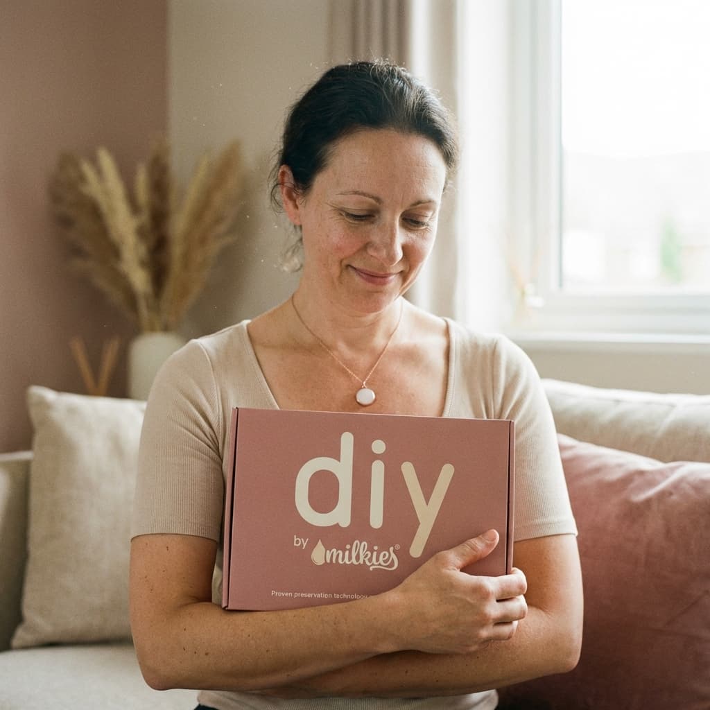 Mother holding a DIY by MILKIES kit box for making diy breastmilk necklaces at home, highlighting a smart and private way to preserve breastmilk keepsakes with proven technology.