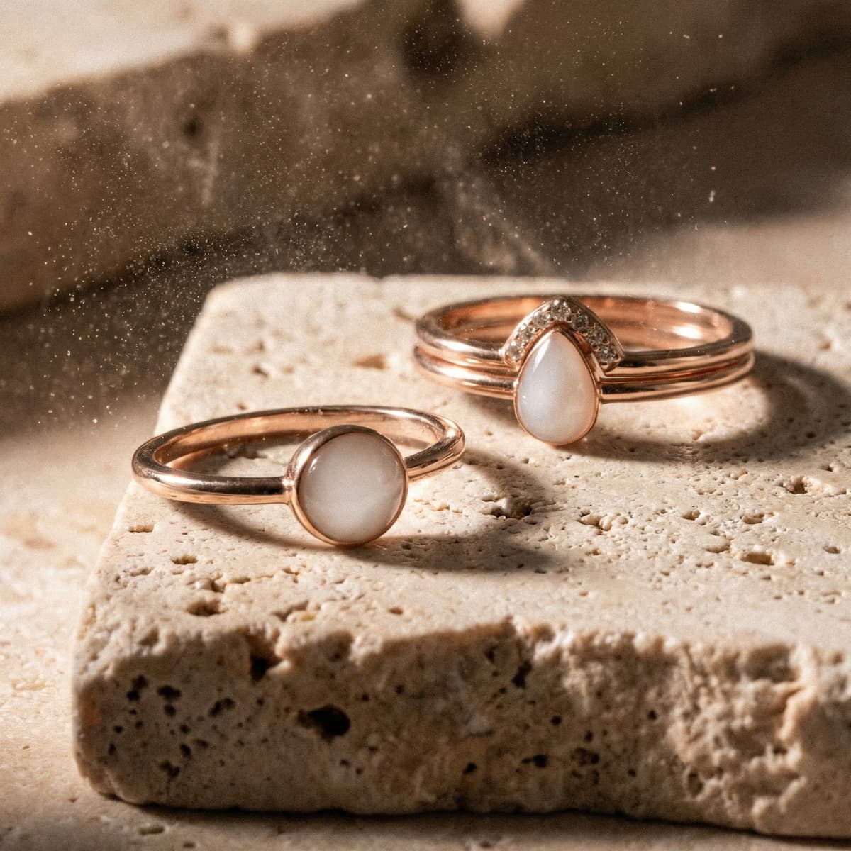 Rose gold rings with milky white resin stones on a textured stone background, showcasing a diy breastmilk ring keepsake design