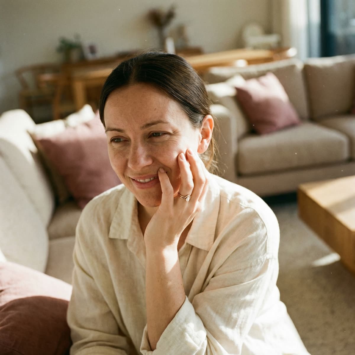 Smiling mother in a cozy living room wearing a diy breastmilk ring, showing why an at-home DIY by MILKIES kit is a meaningful, private way to create keepsake jewelry at home.