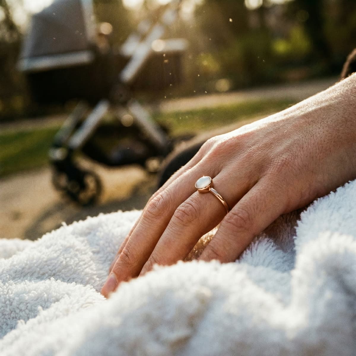 Hand resting on a soft white blanket, wearing a minimal gold ring with a milky white stone made using a diy breastmilk ring kit in warm outdoor light.