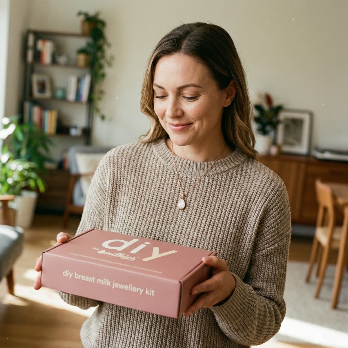 Smiling mother at home holding the pink DIY by MILKIES breast milk jewellery kit box, showing an easy way to preserve a keepsake without drying up milk and create it yourself in private.