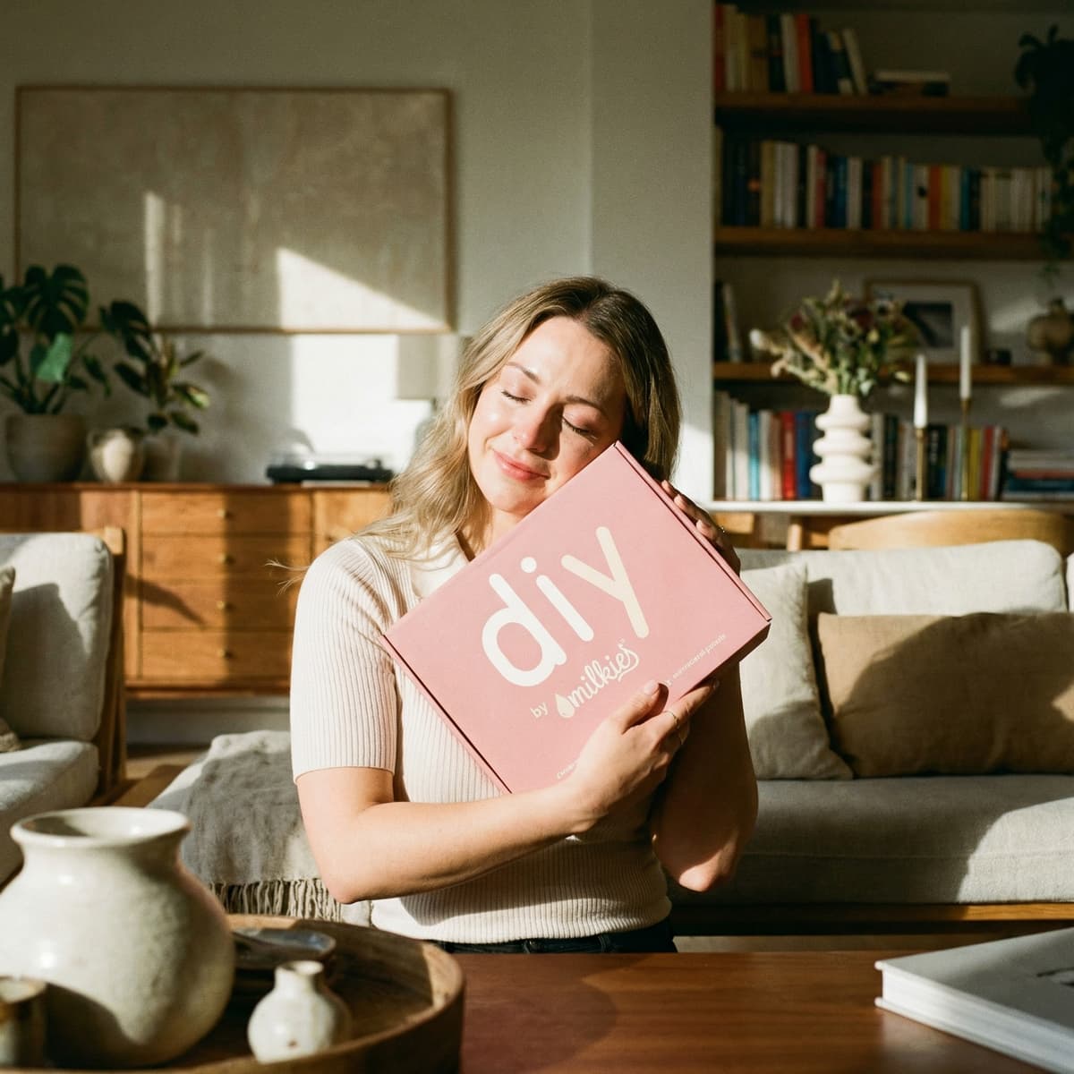 Smiling mother in a cozy living room hugging a pink DIY by MILKIES breastmilk jewelry kit box, showing why it’s a meaningful end of breastfeeding gift for making a personal keepsake at home.