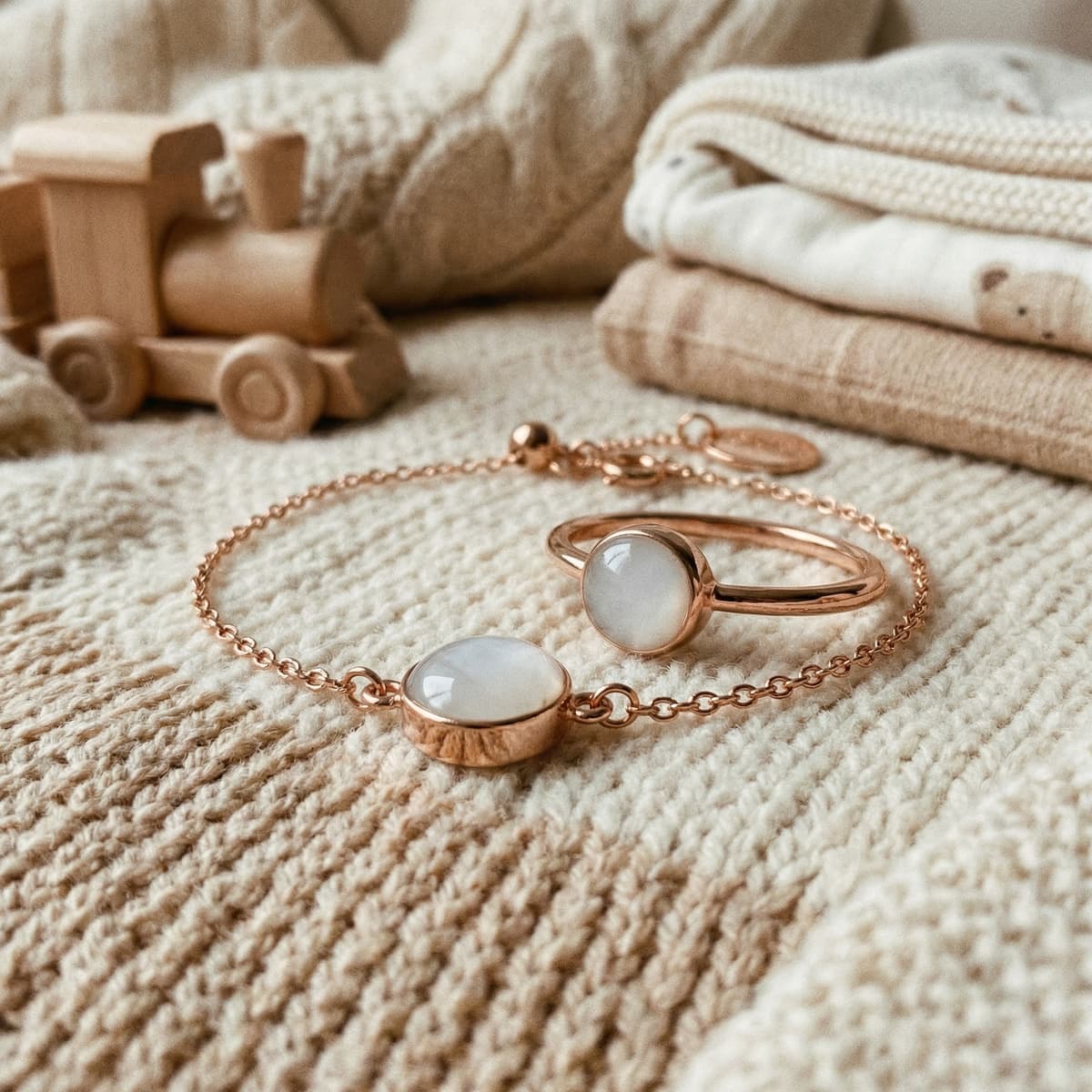 Rose-gold breastmilk keepsake bracelet and ring with milky white resin stones displayed on a cozy knit blanket beside baby clothes and a wooden toy, an elegant gift for new mom
