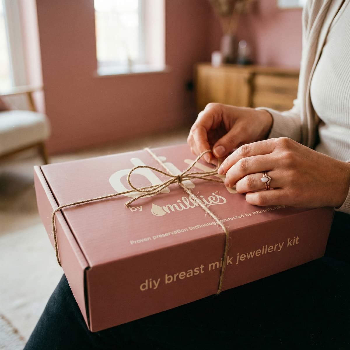 A woman ties twine around a pink DIY by MILKIES breast milk jewellery kit box, a thoughtful gift for new mom to create a keepsake at home.