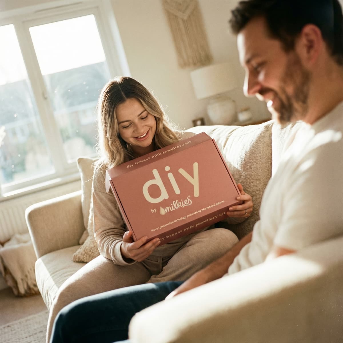 Woman smiling on a sofa holding a DIY by MILKIES breast milk jewellery kit box, showing why it’s a meaningful gift for new mom to create a keepsake at home.