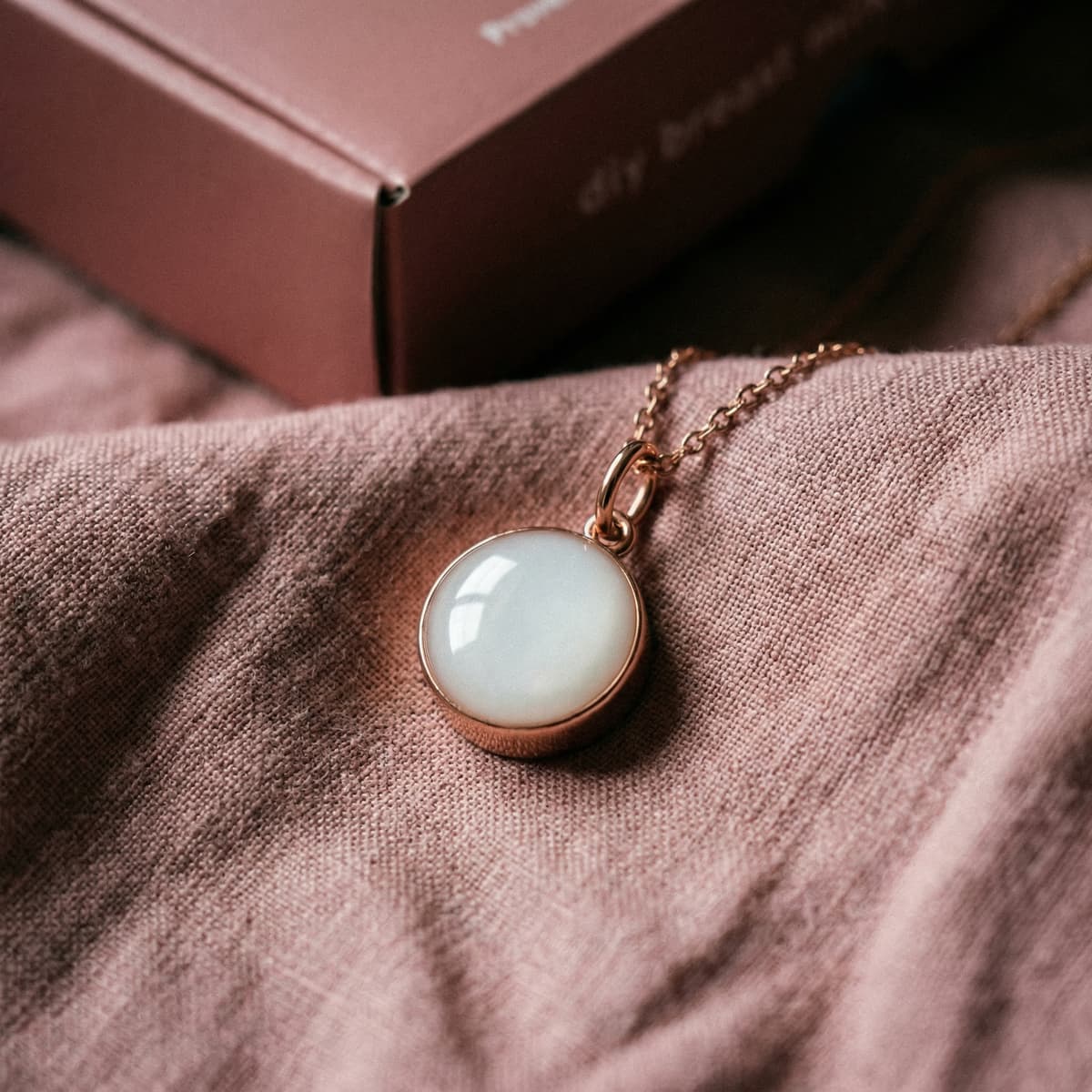 Rose-gold necklace with a round milky-white resin pendant displayed on soft fabric, an elegant gift for new mother celebrating her breastfeeding keepsake journey.