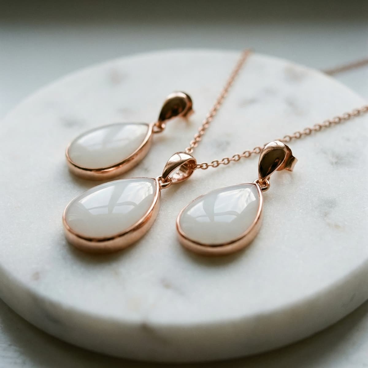 Rose gold teardrop breastmilk keepsake necklace with matching earrings on a white marble tray, a meaningful gift for new mother celebrating her breastfeeding journey