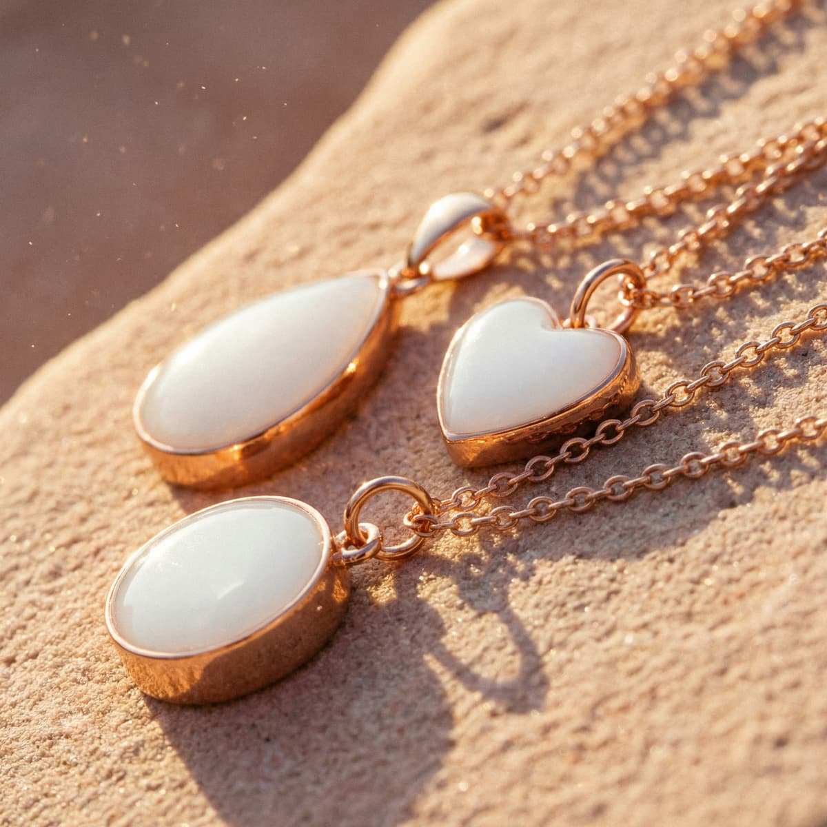 Rose-gold chain necklaces with oval and heart-shaped white resin pendants displayed on sunlit stone, evoking a warm golden boobs-inspired breastmilk keepsake jewelry aesthetic.