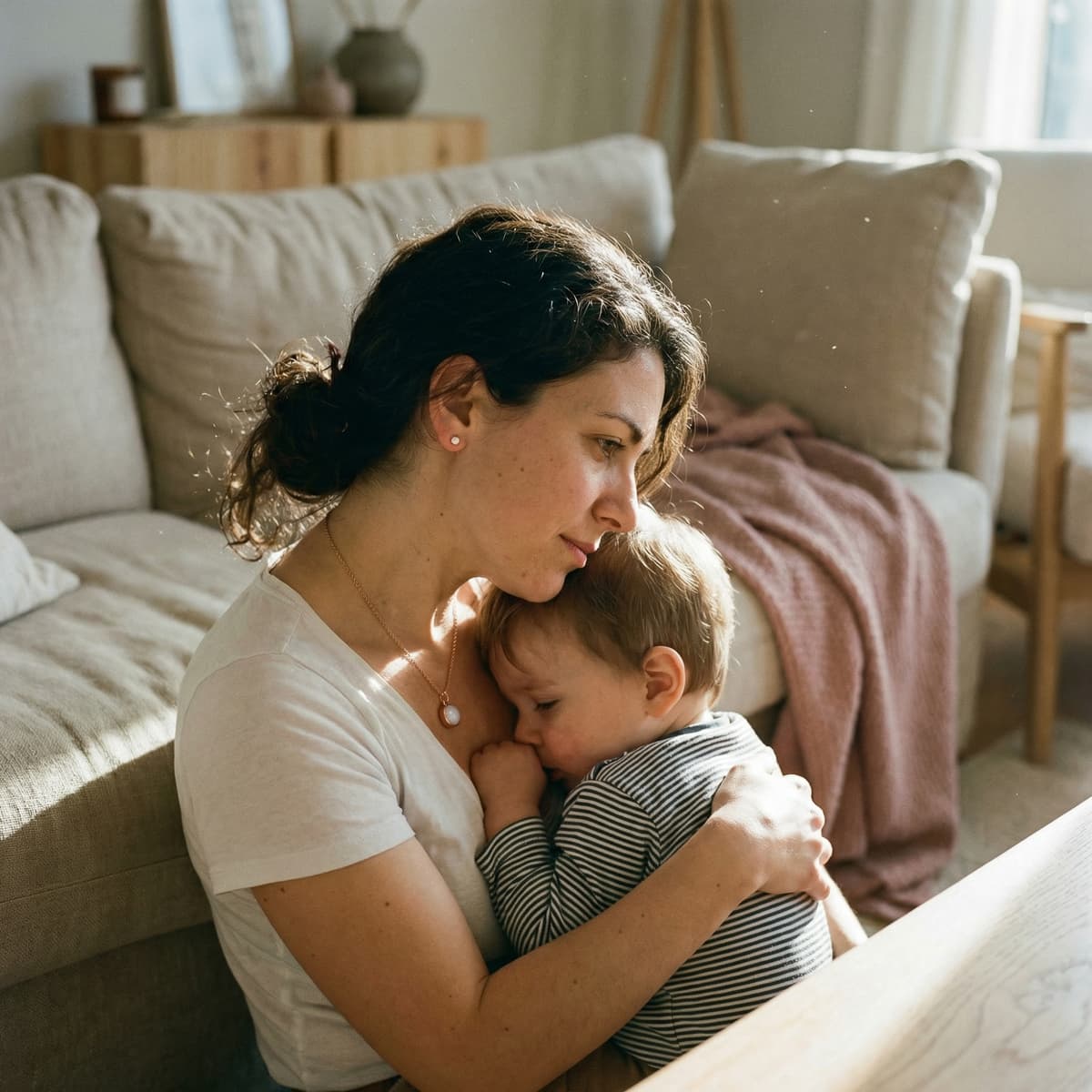 Tender last feed keepsake moment of a mother cuddling and breastfeeding her sleepy baby on a sofa in warm natural light