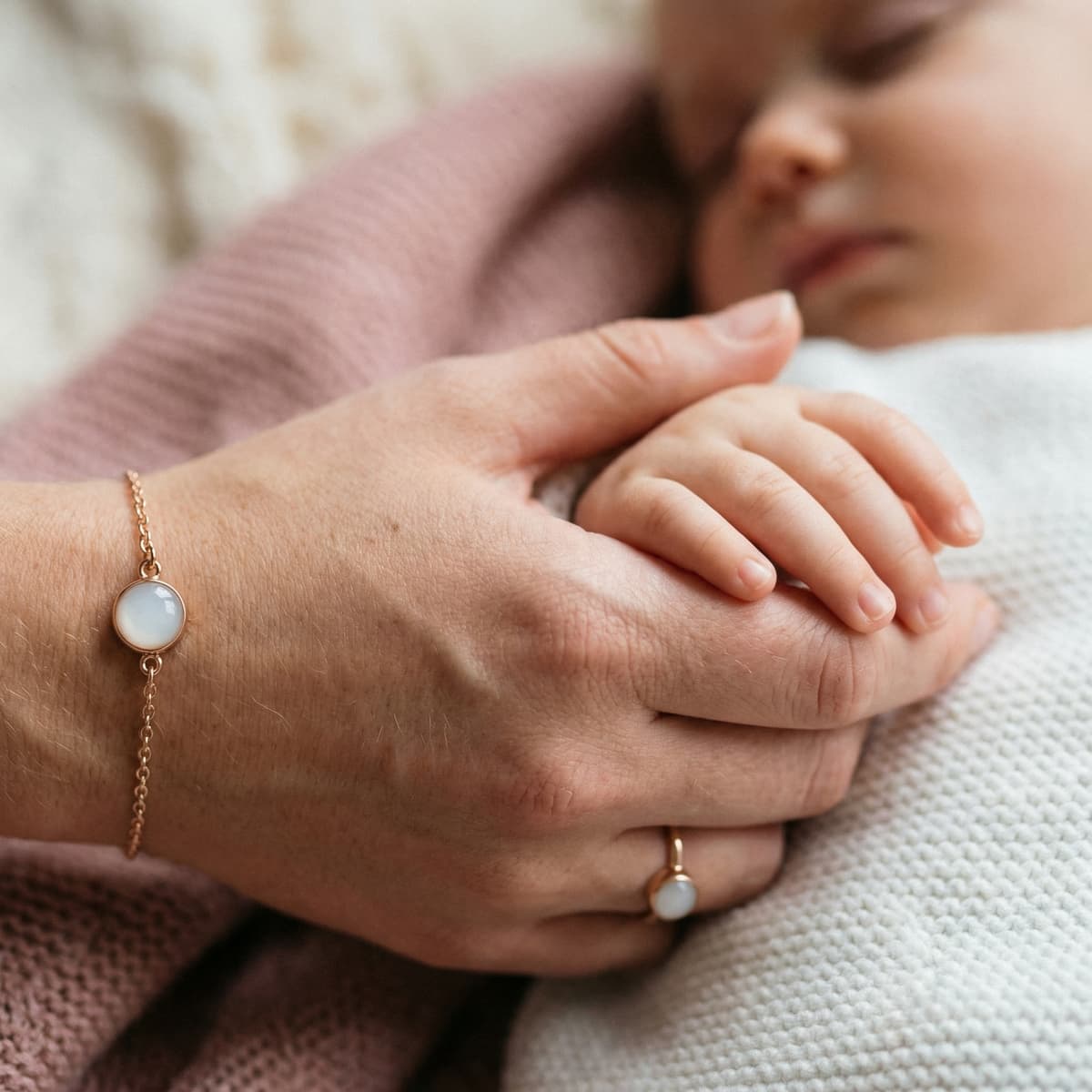 Close-up of a mother holding her baby’s hand, wearing a rose-gold bracelet and ring with milky white resin stones, showcasing a meaningful last feed keepsake jewelry moment.