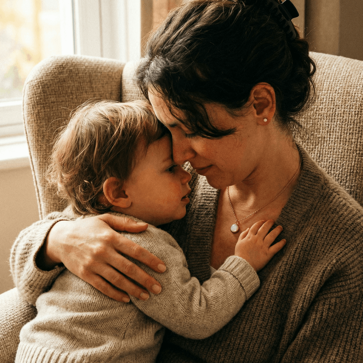 Mother cuddling her toddler in a cozy chair by a window, capturing a tender last latch moment while wearing a breastmilk keepsake necklace pendant.