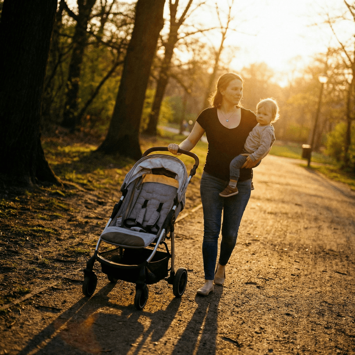 Mom walking through a sunlit park during golden hour, pushing a stroller while holding a toddler and celebrating a peaceful last latch milestone moment