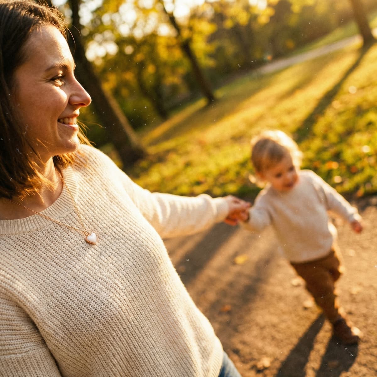 Smiling mother wearing a heart necklace holds her toddler’s hand on a golden-hour park walk, capturing a warm last latch keepsake moment in autumn light.