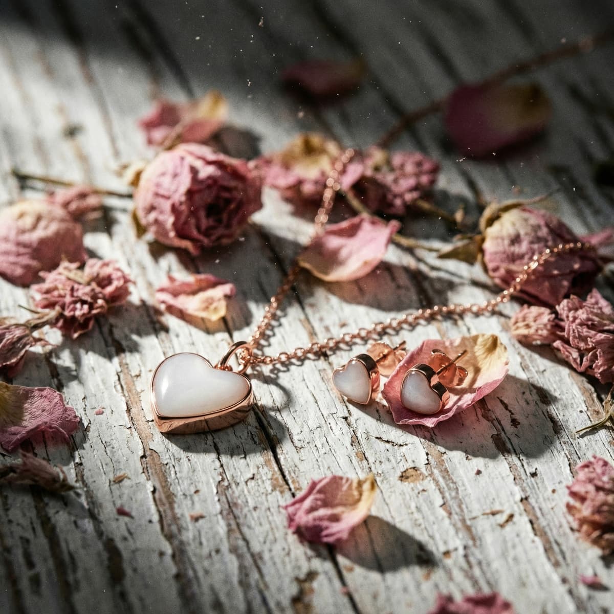 Rose-gold heart pendant necklace with matching heart stud earrings featuring milky white resin, styled on a rustic wooden surface with dried pink roses, a delicate last latch keepsake jewelry set.