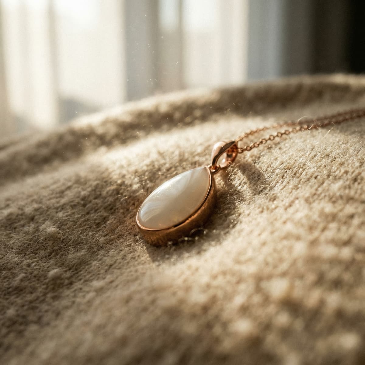 Rose gold pendant necklace with a milky white oval stone on soft fabric in warm window light, a last latch keepsake breastmilk jewelry memento