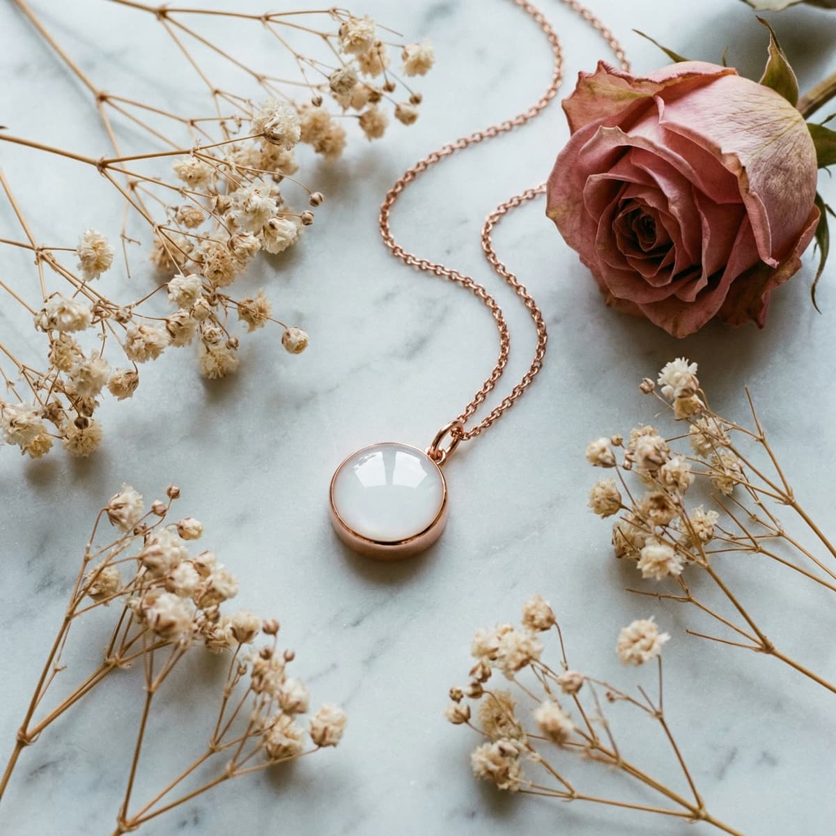 Rose-gold pendant necklace featuring a milky white resin center as a milk keepsake, displayed on a marble background with dried baby’s breath and a pink rose.