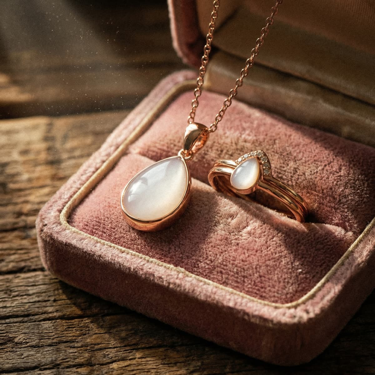 Rose-gold necklace and ring with milky white teardrop resin stones displayed in a soft pink velvet box, showcasing a milk keepsake jewelry set on a rustic wooden surface.
