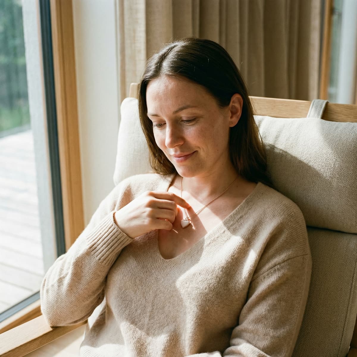 Smiling woman relaxing in a sunlit chair holding a heart pendant necklace, highlighting a private, meaningful milk keepsake and why the DIY by MILKIES at-home kit is a great choice for preserving motherhood memories.