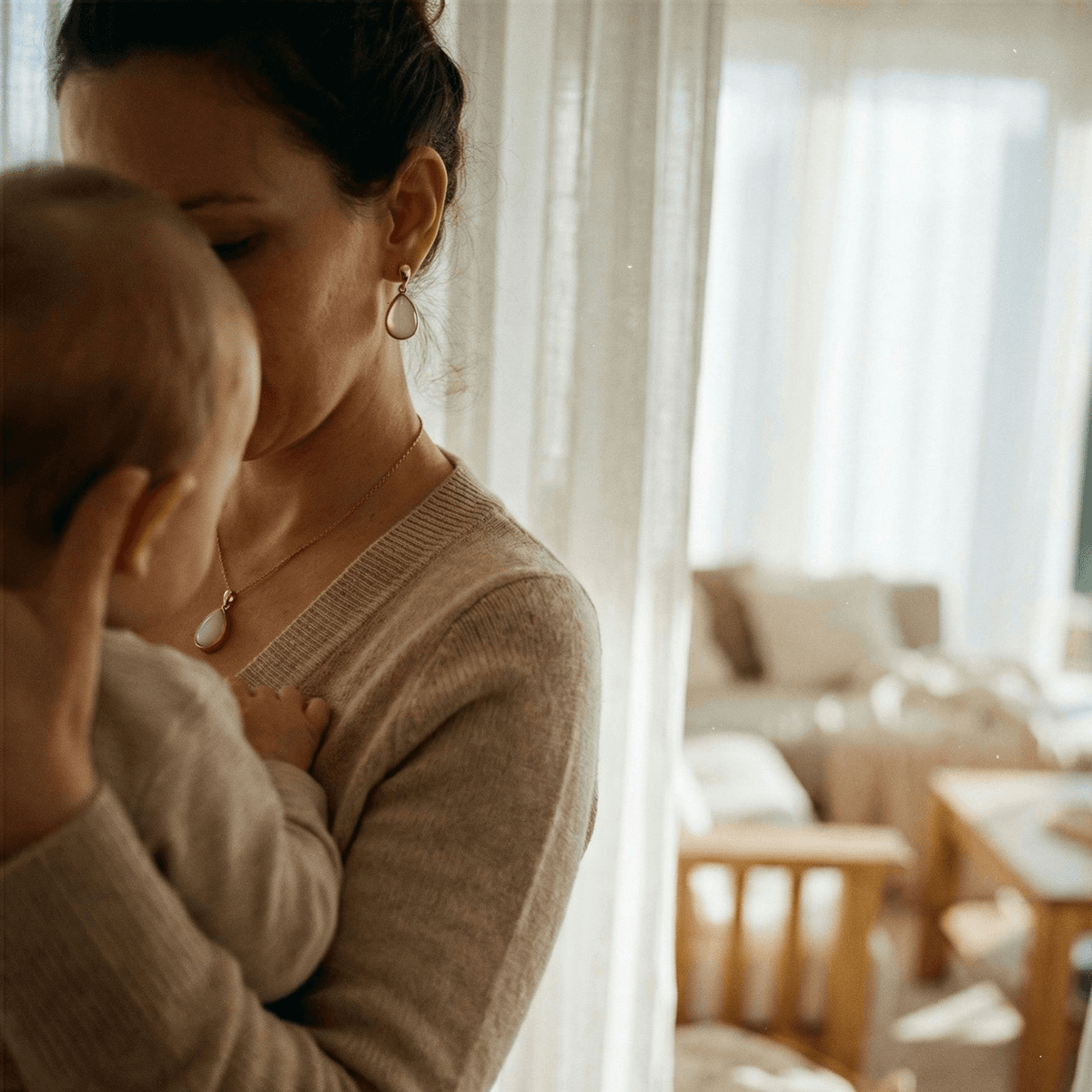 In a sunlit home, a mother cuddles her baby while wearing teardrop earrings and a matching necklace, capturing an intimate motherhood keepsake jewelry moment.