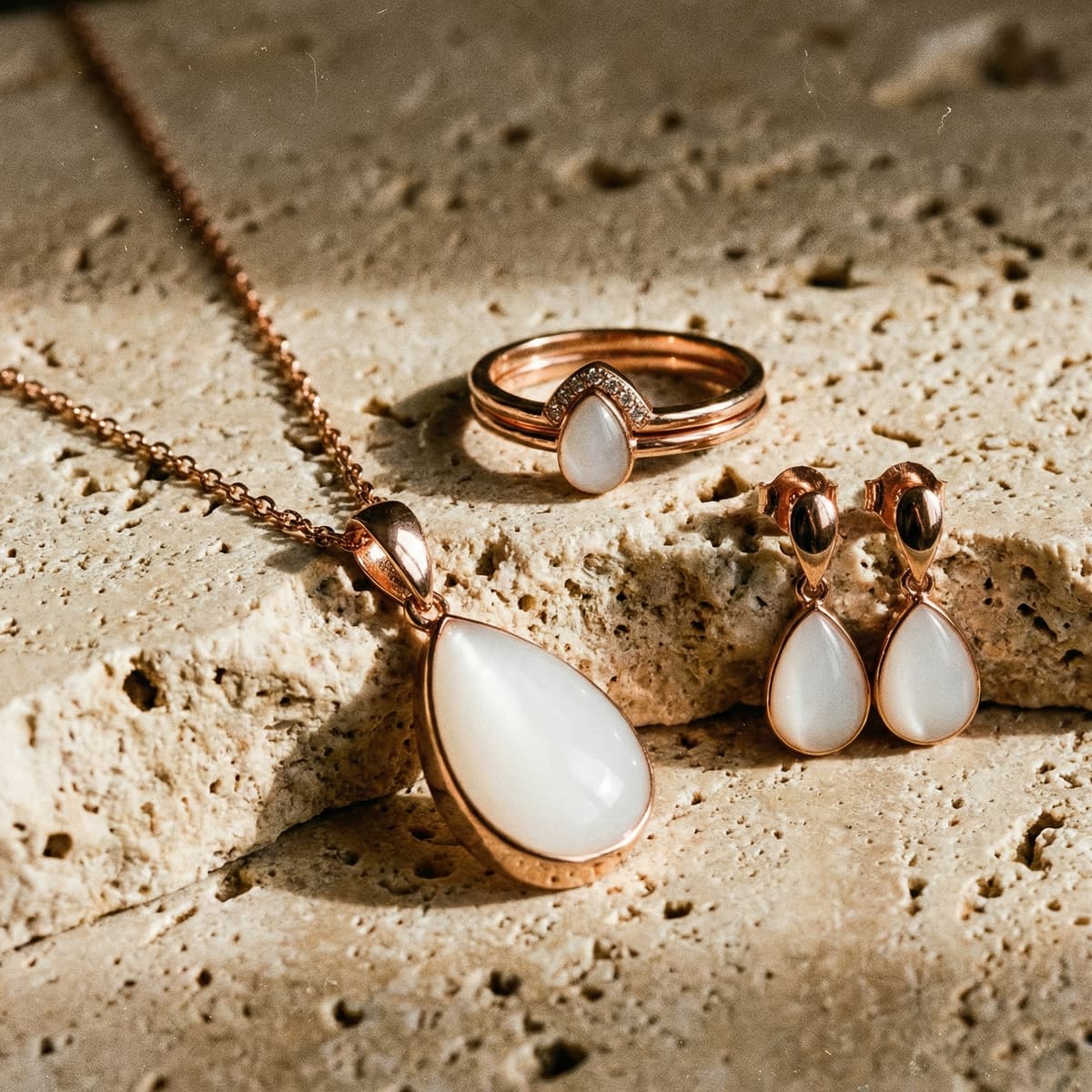 Rose gold necklace, ring, and drop earrings featuring pear-shaped milky-white resin stones arranged on textured stone, a delicate motherhood keepsake jewelry set.
