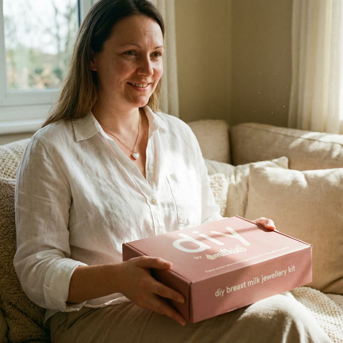 A mother at home holds a DIY by MILKIES breast milk jewellery kit box, showing why this at-home kit is a convenient, private way to create a meaningful motherhood keepsake.