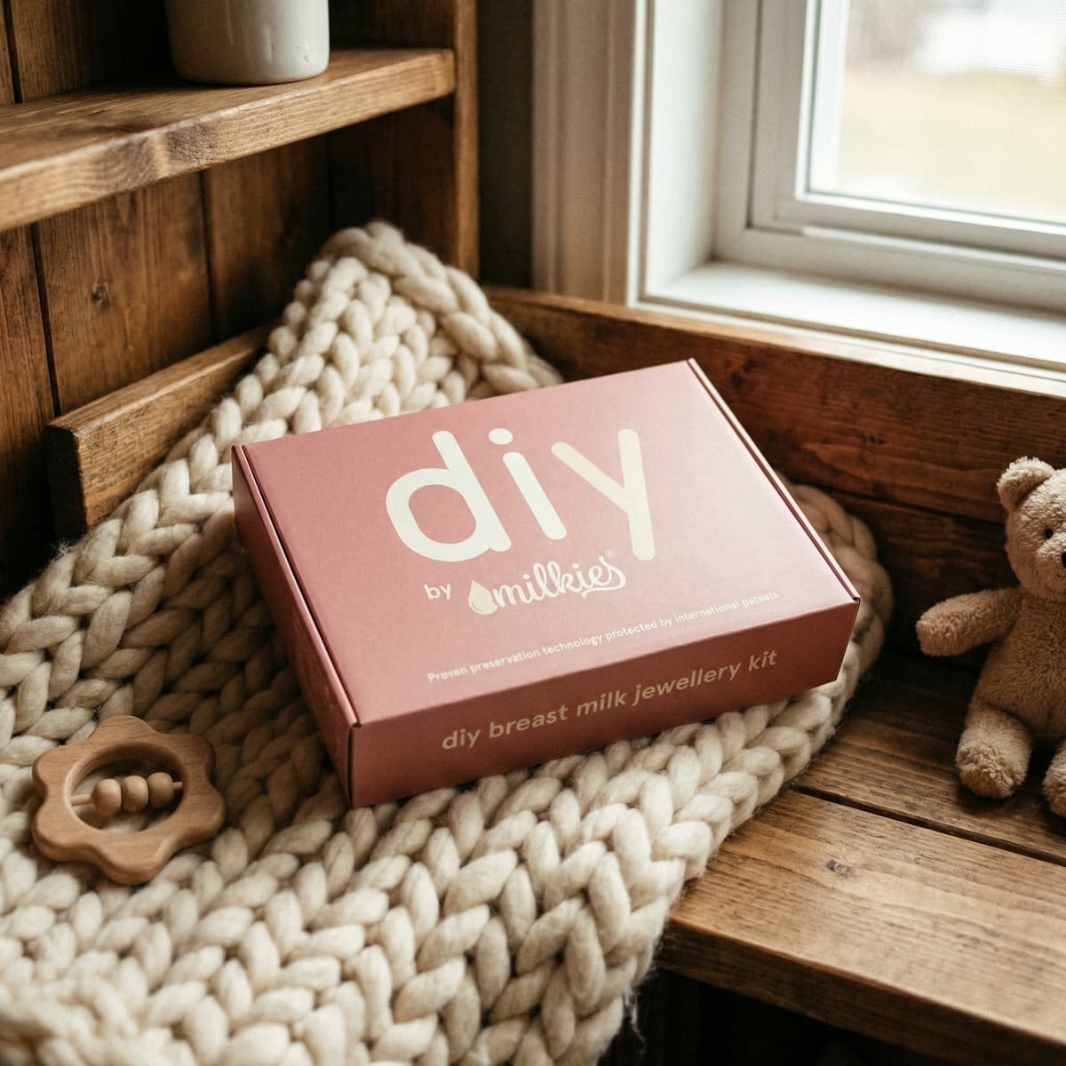 DIY by MILKIES breast milk jewellery kit box displayed on a cozy knitted blanket by a window with a baby rattle and teddy bear, a thoughtful option for new mom gifts