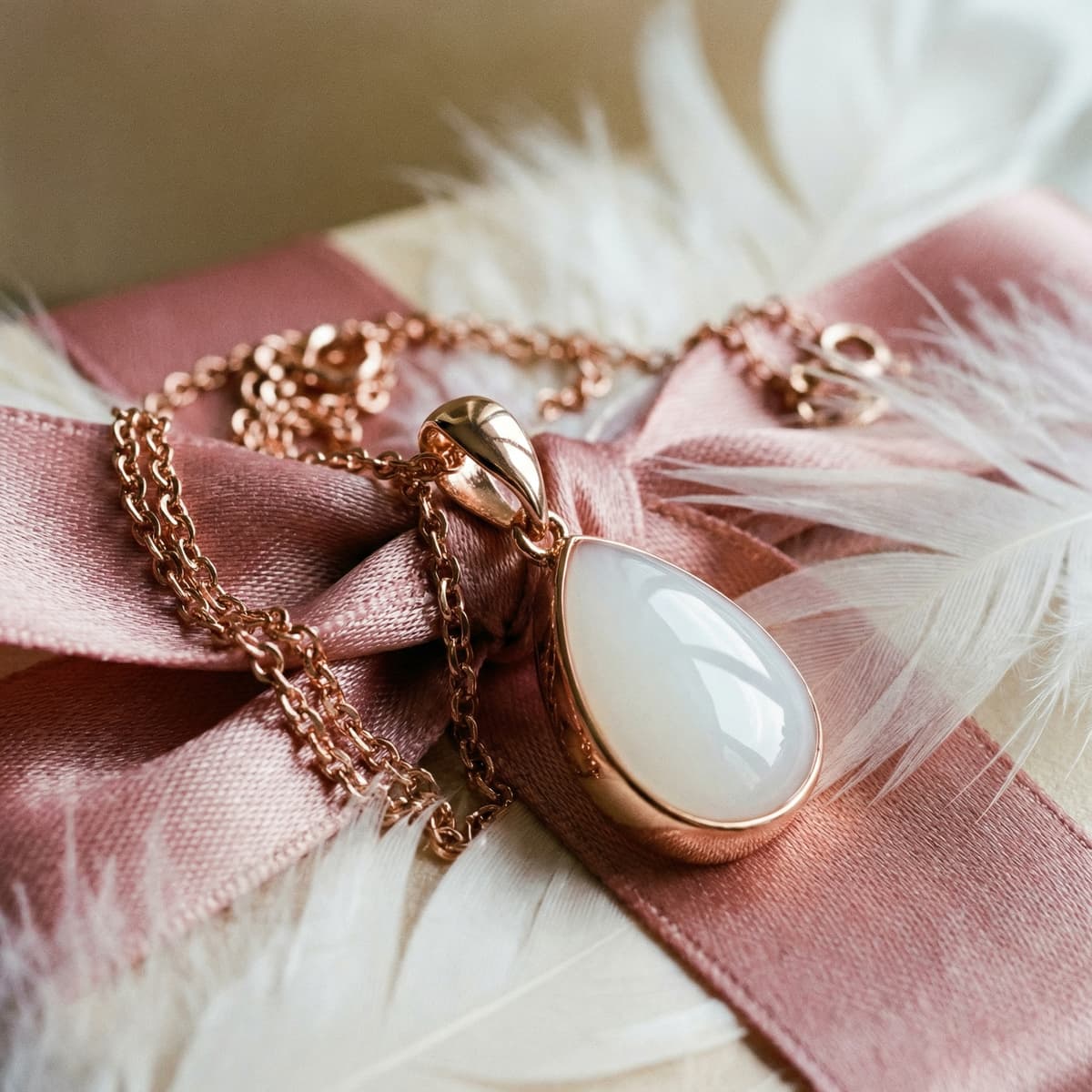 Rose-gold teardrop breastmilk keepsake necklace with milky-white resin pendant on a pink satin bow and soft white feathers, an elegant idea for new mom gifts.