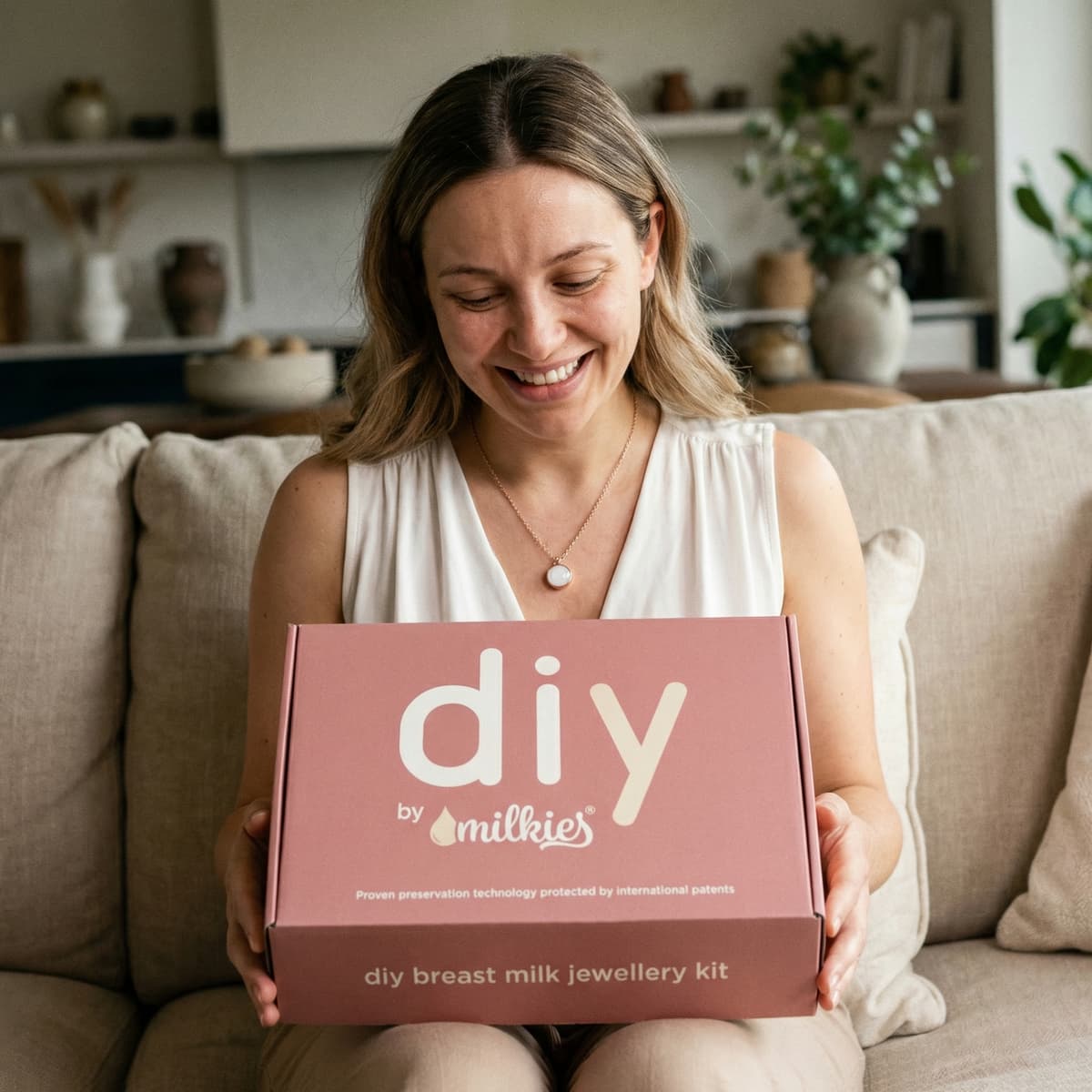 Smiling mom holding DIY by MILKIES breast milk jewellery kit box, highlighting why it’s one of the most meaningful new mom gifts for creating an at-home keepsake with patented preservation technology.
