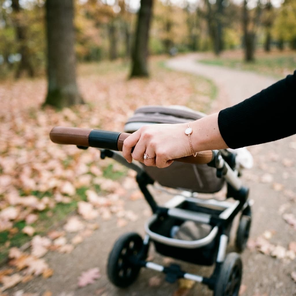 Mother pushing a baby stroller in an autumn park, wearing nursing jewelry including a delicate gold bracelet with a white stone and a ring