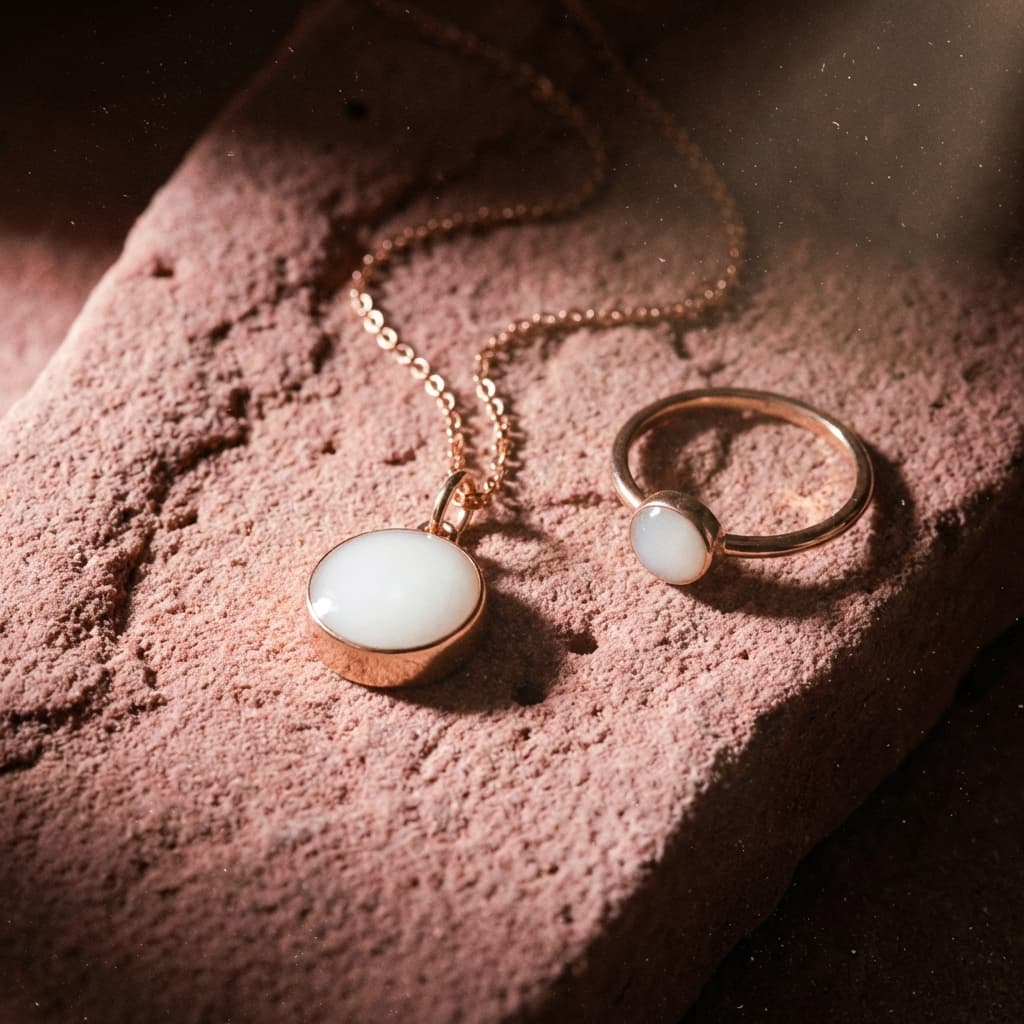 Delicate gold pendant necklace and matching ring featuring milky white resin stones in a nursing jewelry set displayed on a soft pink textured surface.