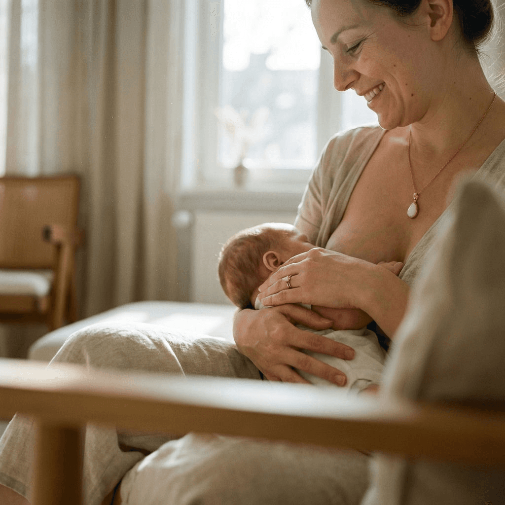 Smiling mother breastfeeding her newborn in a sunlit bedroom while wearing delicate nursing jewelry, highlighting why an at-home DIY by MILKIES keepsake kit is a meaningful choice for privacy and a hands-on experience.