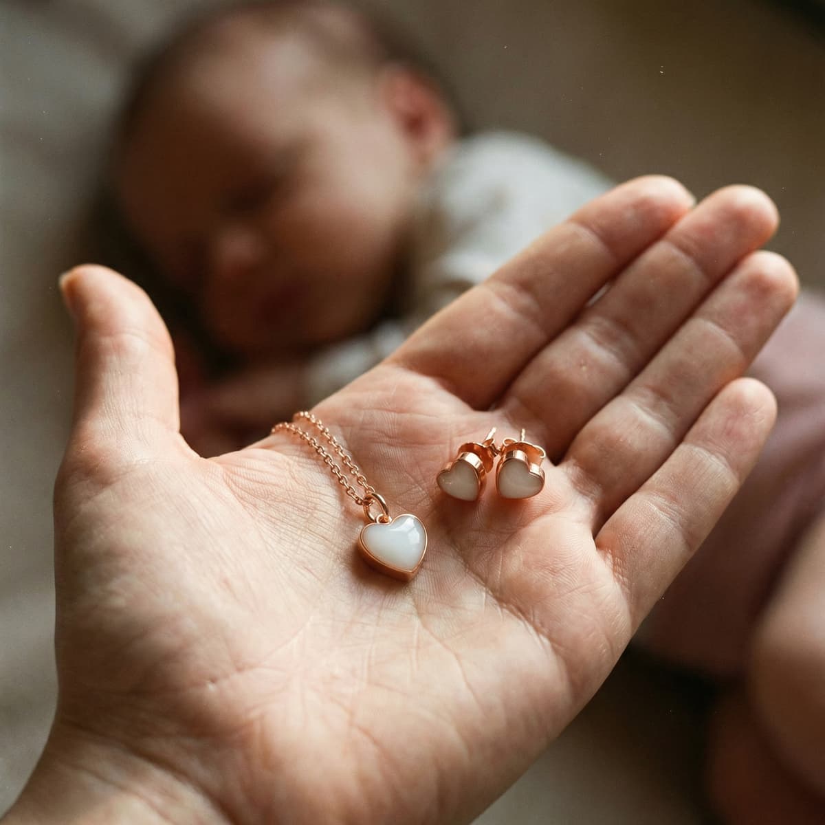 Mother’s hand holding heart-shaped breastmilk jewelry as a nursing keepsake, featuring a rose-gold pendant necklace and matching stud earrings with milky white centers, with a softly blurred baby in the background.
