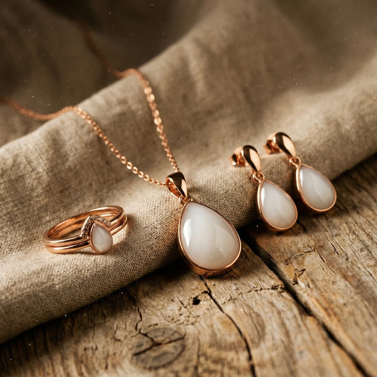 Rose gold jewelry set with teardrop pendant necklace, matching earrings, and ring featuring a milky resin stone, a handmade nursing keepsake displayed on linen over rustic wood.