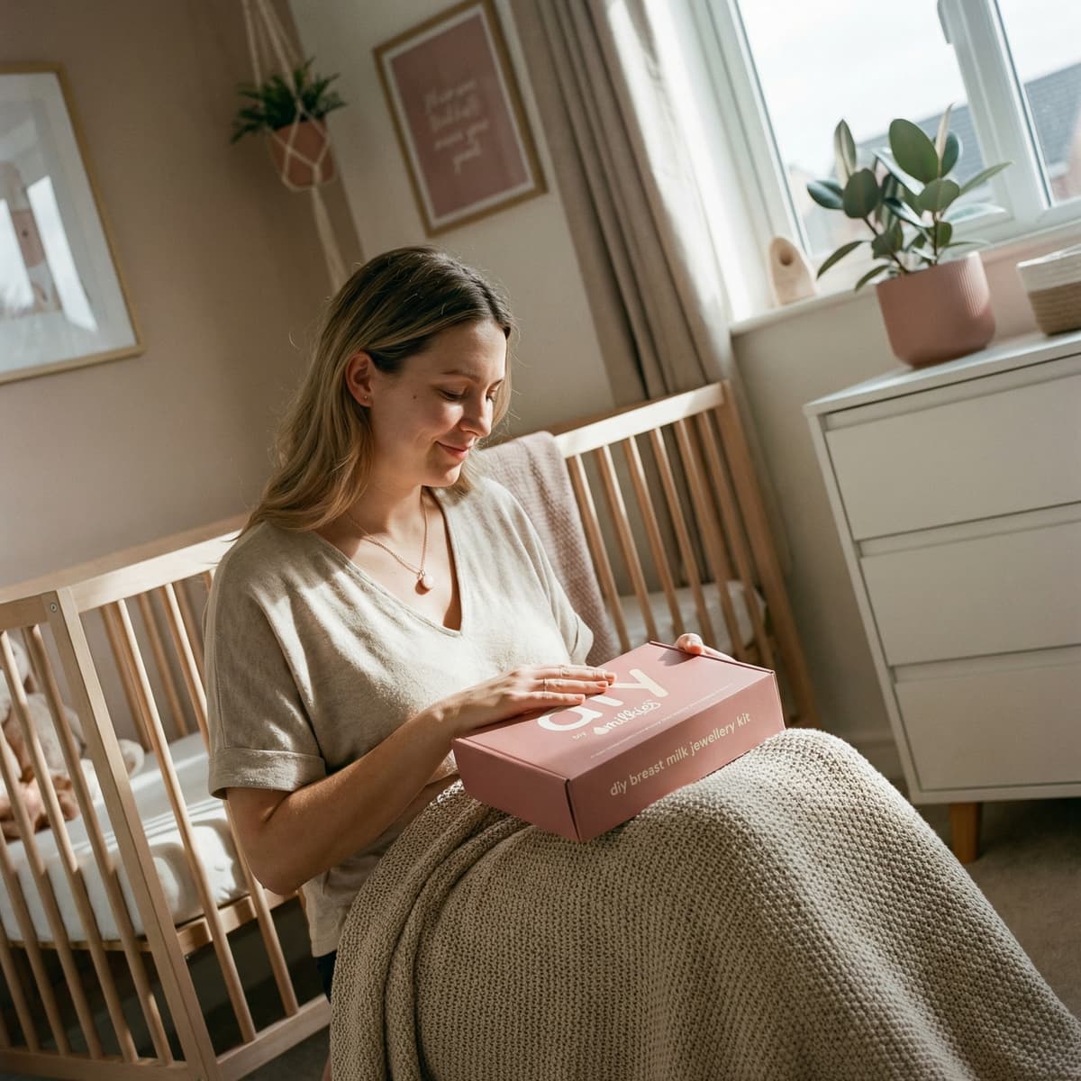 Mother in a cozy nursery holding a DIY by MILKIES breast milk jewellery kit box, showing why an at-home nursing keepsake is a meaningful, private way to create a lasting memento.