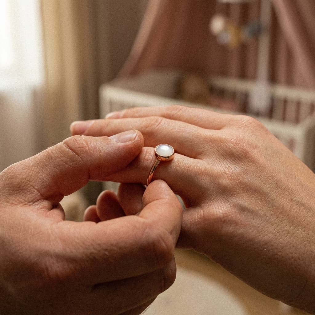 Hands place a minimalist gold ring with a milky-white stone onto a woman’s finger in a cozy nursery, a meaningful push gift for a new mom.