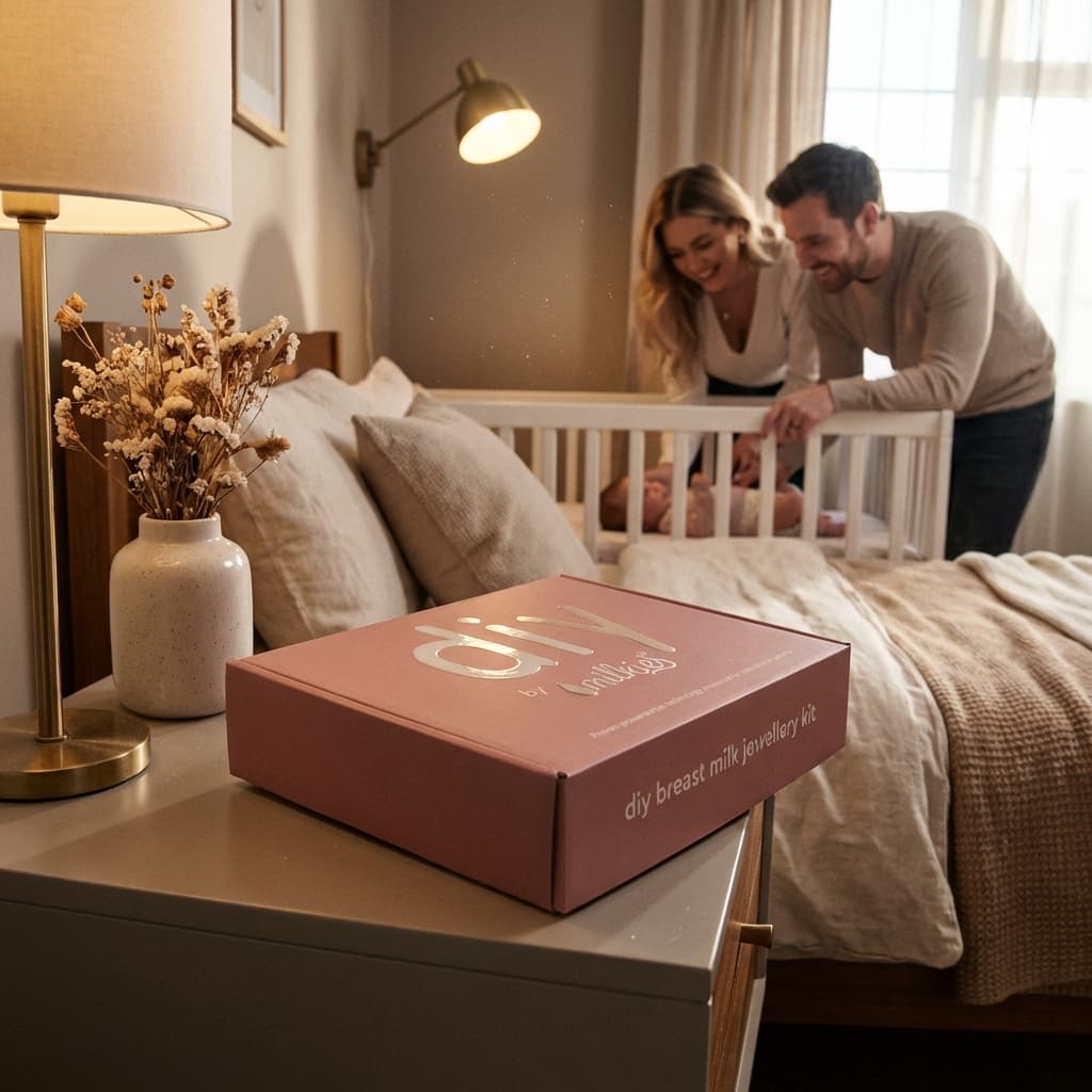 DIY by MILKIES breast milk jewelry kit box on a bedside table in a cozy nursery as a thoughtful push gift, with new parents smiling beside a baby in a crib